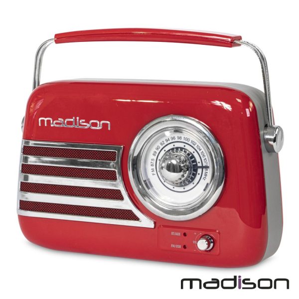 Rádio FM/AUX/BT/USB Extra Bass Vintage 30W Vermelho MADISON