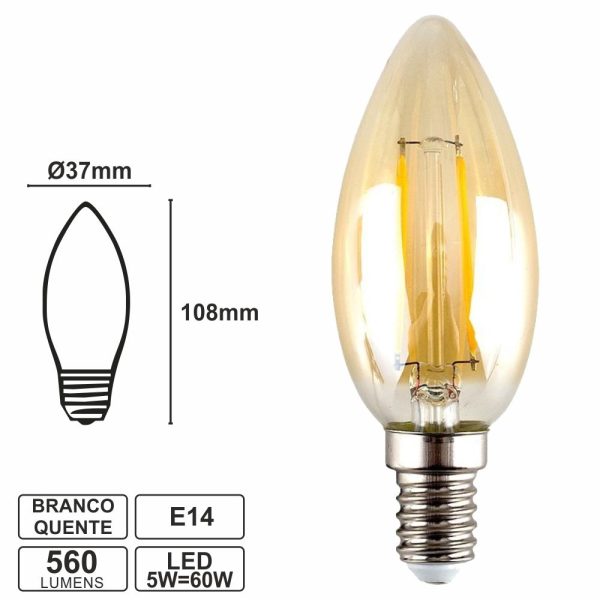 LÂMPADA E14 5W 230V LED VELA BRANCO QUENTE 560LM VINTAGE