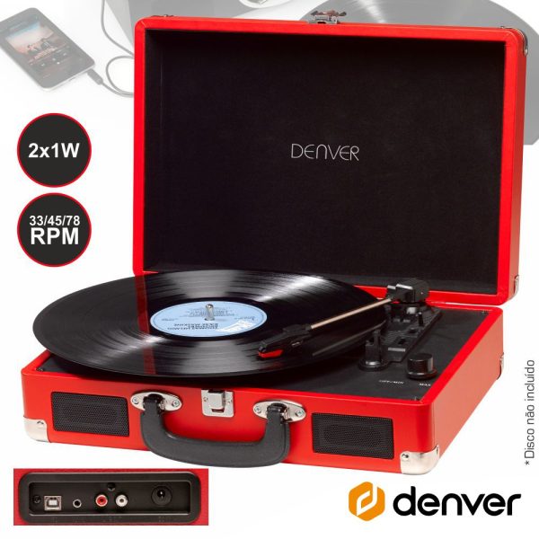 GIRA-DISCOS 33/45/78RPM VINTAGE 2x1W VERMELHO DENVER